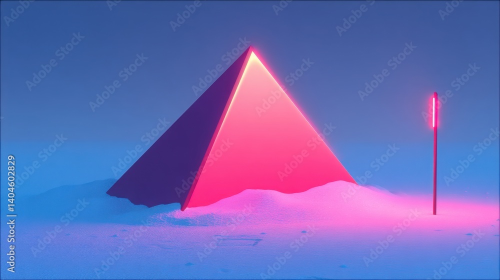 Poster vibrant pink triangle with a red light representing an abstract mountain with a glowing flagpole of 