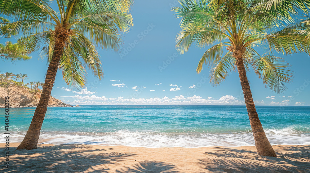Poster serene beach scene featuring palm trees framing tranquil ocean view. clear blue sky and gentle waves