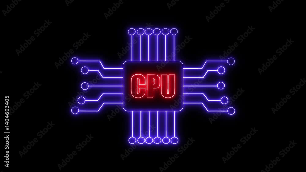Poster neon cpu circuit board animation for technology and computer science visualization