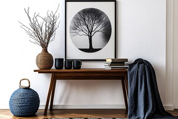 Stylish Entryway Decor with Wooden Console Table and Artwork