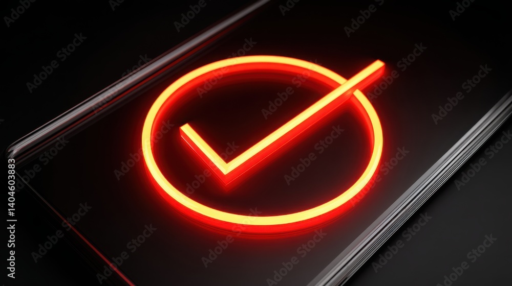 Poster bright red check mark on a digital terminal representing credit approval with a glowing effect empha