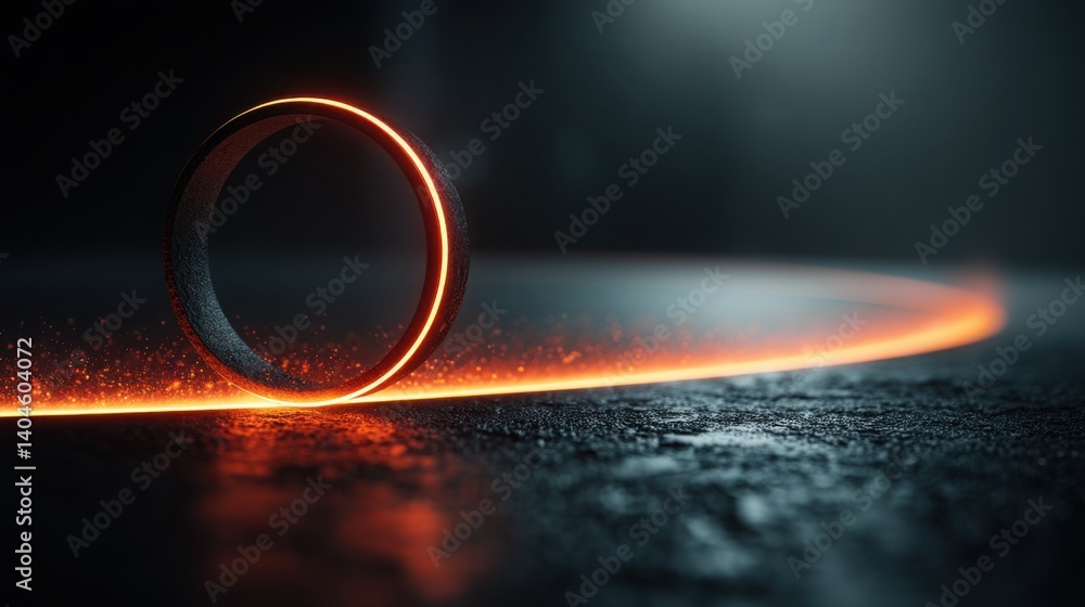 Poster elegant resting on a table with a stream of data flowing upward from a radiant chartless circular ba