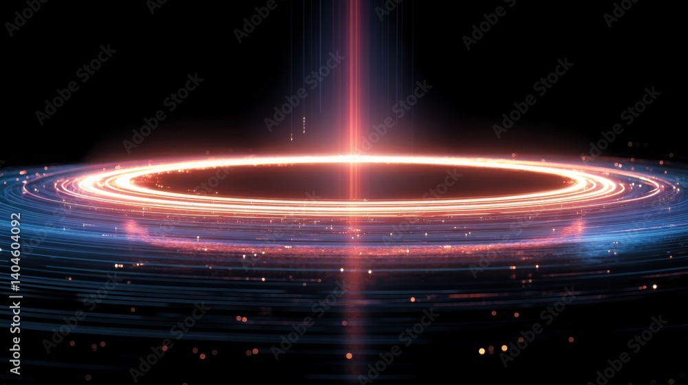 Poster enigmatic circular light displayed against a deep black background with a stream of data flowing fro