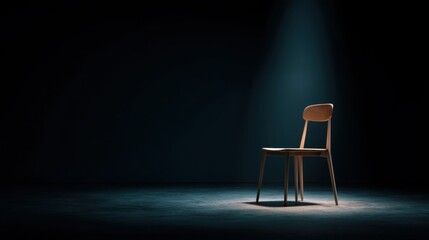 An isolated chair sitting alone in a dark room illuminated by soft light symbolizing financial opportunity and potential