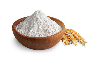 wheat flour in wooden bowl and ears near isolated on white background