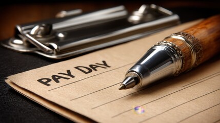 Elegant pen and paper with the word pay highlighting financial planning and budgeting for personal and business use