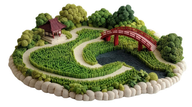 Stunning miniature landscape with a red bridge, traditional hut, lush greenery, and serene water feature