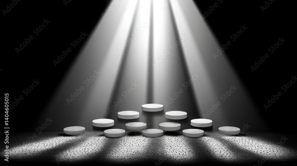 Poster spotlight shining on a floating object against a black background creating a dramatic and mysterious