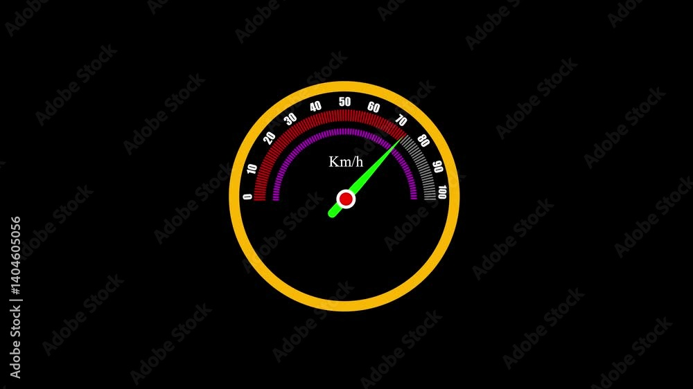 Poster speedometer animation displaying kilometers per hour on black background.animated speedometer graphi