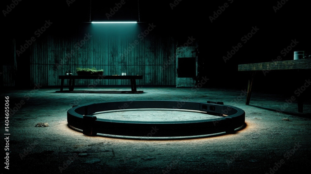 Poster circular object floating in a dark room with an ethereal glow creating a mysterious and enigmatic at