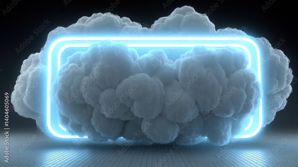 Poster cloud framed in neon light creating a soft glowing effect in a dreamy sky with an ethereal quality t