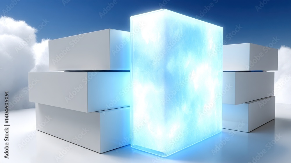 Poster cube emitting a blue light from within creating an enigmatic ambiance in a dark environment with int