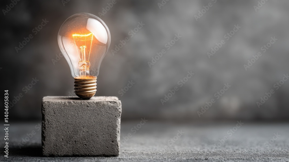 Poster radiant light bulb positioned on a pristine block surface signifying the emergence of fresh ideas in