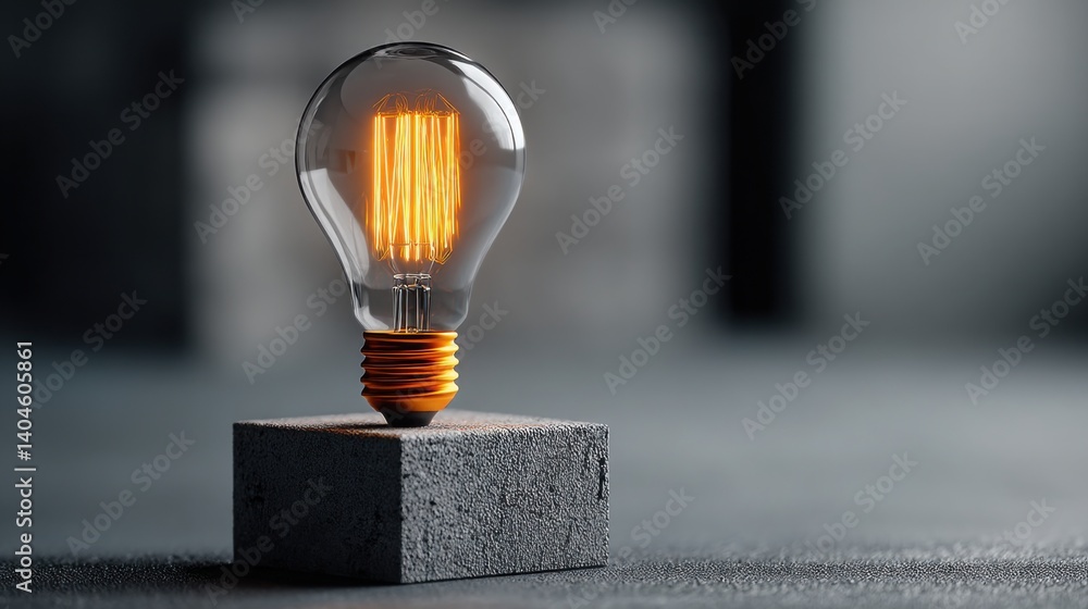 Aufkleber inspiring light bulb set on a clean block surface signifying the birth of unique ideas in a contempo