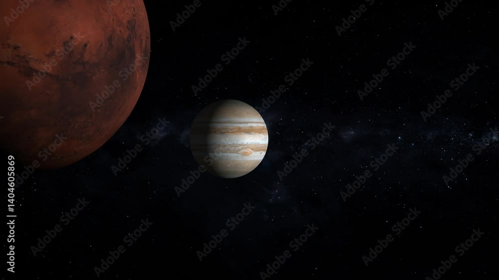 Poster dramatic space view of mars and jupiter in the starry night sky. planets moving in orbit animation w