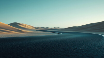 winding road stretches through serene desert landscape, showcasing soft sand dunes under clear sky. scene evokes sense of tranquility and adventure