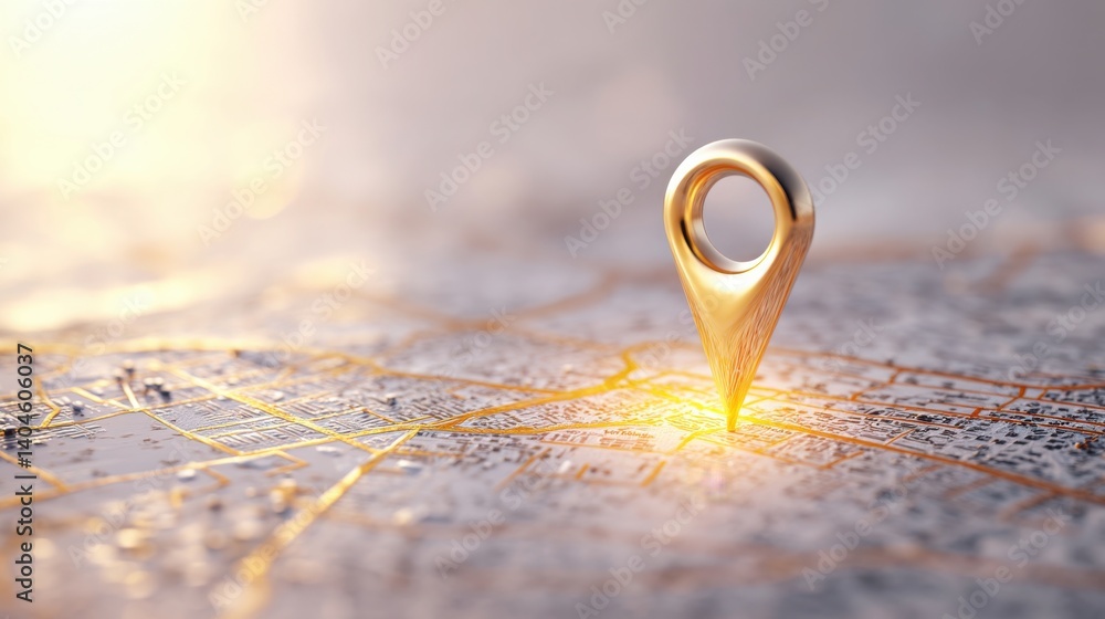 Poster map showcasing a pin placed on an empty surface indicating an important location with bright illumin