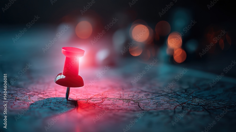 Poster brightly illuminated red object on a table signifying a map pin placed on a blank surface for naviga
