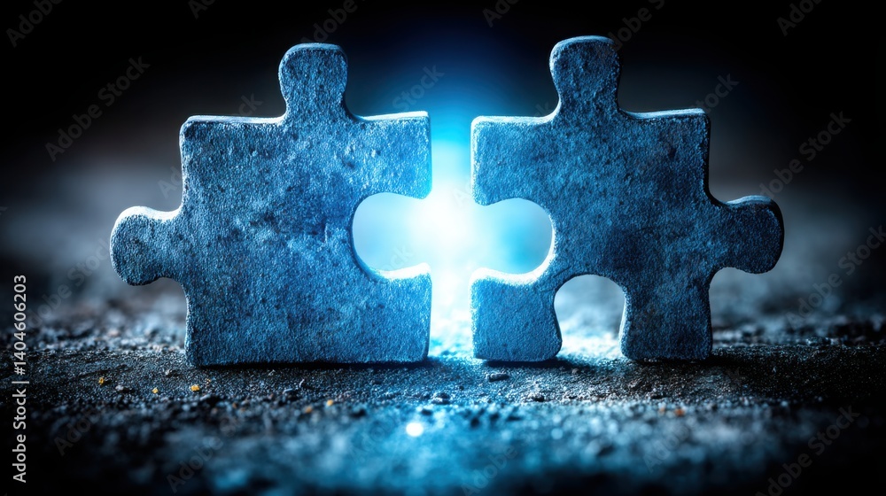 Poster two glowing puzzle pieces coming together to form a coin shape representing collaboration and proble