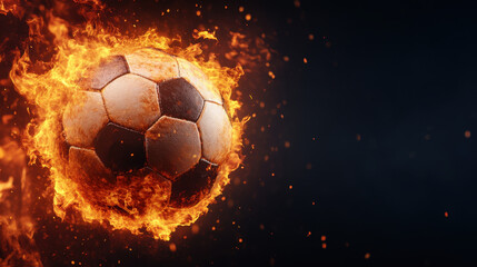 Fototapeta premium soccer ball engulfed in flames creates dramatic and intense visual against dark background, symbolizing passion and energy in sport