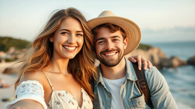 Smiling Couple Taking a Selfie in Nature on a Sunny Day