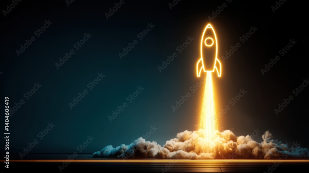 Poster bold rocket launching into space with a glowing trail representing ambition and progress from a grap
