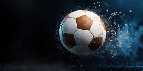 Fototapeta premium soccer ball is flying through air, surrounded by cloud of dust and particles, creating dynamic and energetic scene. contrast of ball against dark background adds to excitement of moment