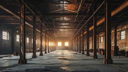 Interior view of an old, abandoned warehouse with sunlight streaming through the windows.