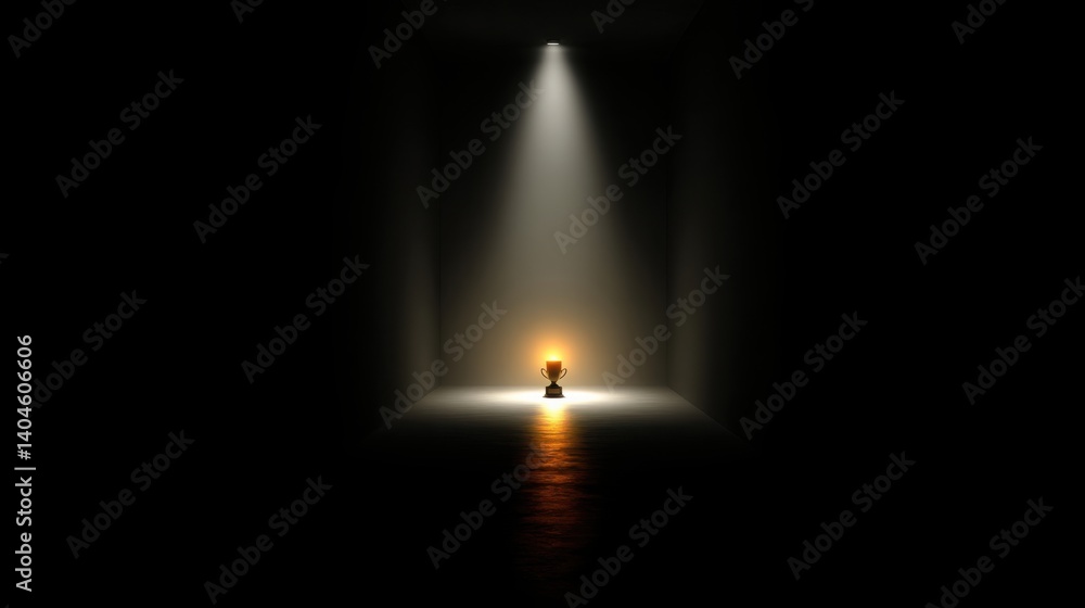 Poster person silhouetted standing in a dark room with a glowing trophy on a lighted path creating a myster