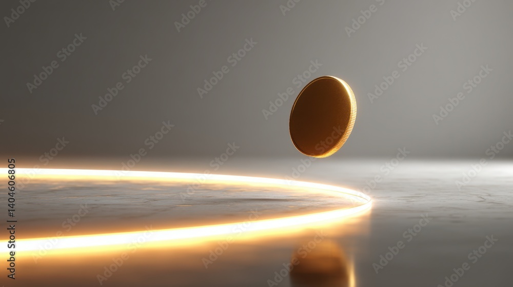 Poster a shiny gold coin resting on a smooth table surface with soft lighting creating a warm and inviting 