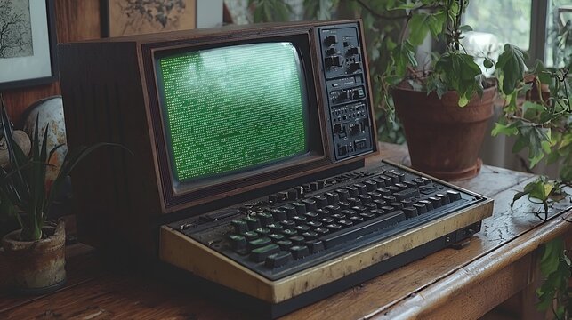 Vintage computer with green screen on wooden desk.