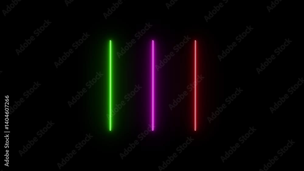 Poster abstract neon glowing vertical lines animation background loop in green purple and red