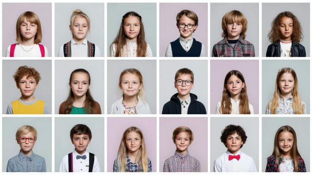 Color portraits of elementary school kids with 1990s aesthetic, class photos in symmetrical layout with soft focus, slow dolly inward suggesting memory and structure