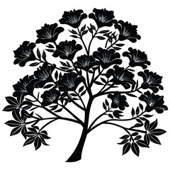 Silhouette of a blooming floral tree with flowers and leaves