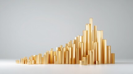 A striking gold bar chart illustrating the rise of wealth and economic growth over time in a financial context