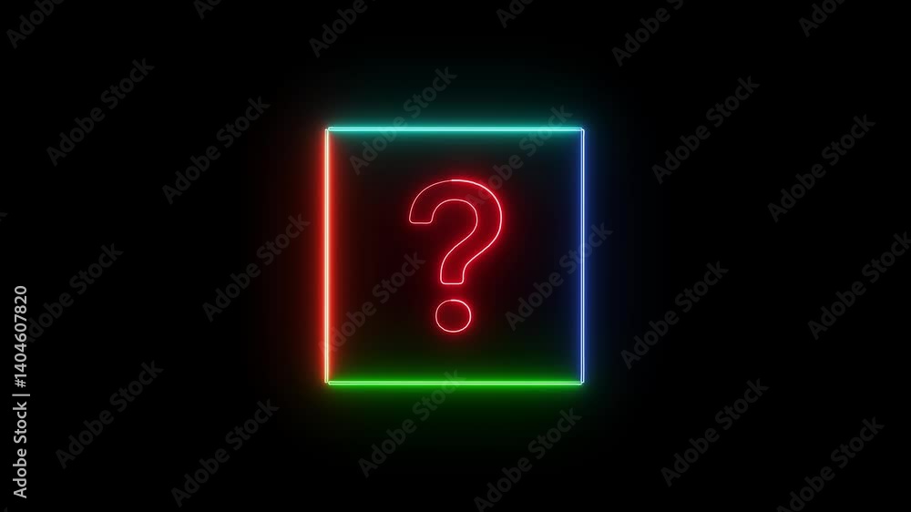 Poster animated neon question mark symbol in colorful square frame on black background