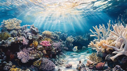 Naklejka premium Underwater Coral Reef Landscape with Sunlight and Tropical Fish Swimming