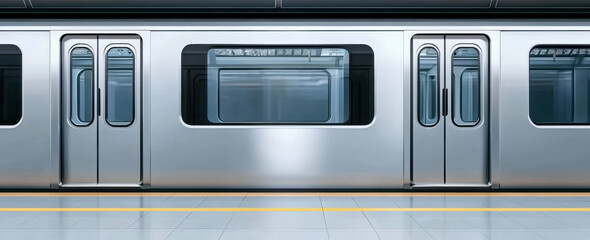Obraz premium sleek subway train with silver doors stands against modern platform, showcasing clean and minimalist design. atmosphere is calm and inviting, perfect for commuters