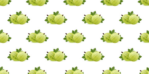 Seamless pattern of ripe green gooseberries with leaves on white background