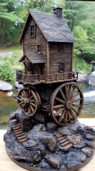 Obraz premium Wooden house on wheels, perched on rocks by a stream