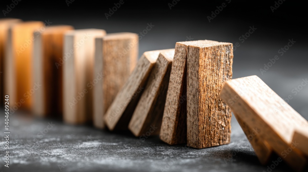 Poster wooden domino holding back scattered pieces on a surface creating a unique visual composition of bal