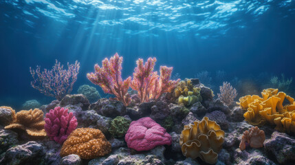 Naklejka premium Vibrant coral reef teeming with colorful corals and marine life, illuminated by sunlight filtering through water surface, creating serene underwater scene