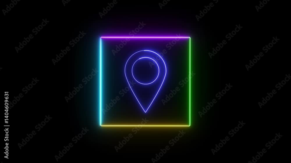 Poster glowing neon map pointer icon inside colorful square on black background animation