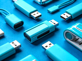 Fototapeta premium Blue USB Flash Drives on Matching Blue Background