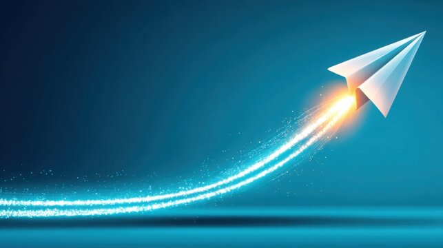A captivating image of a paper plane glowing at an upward takeoff angle symbolizing aspirations and ambitions