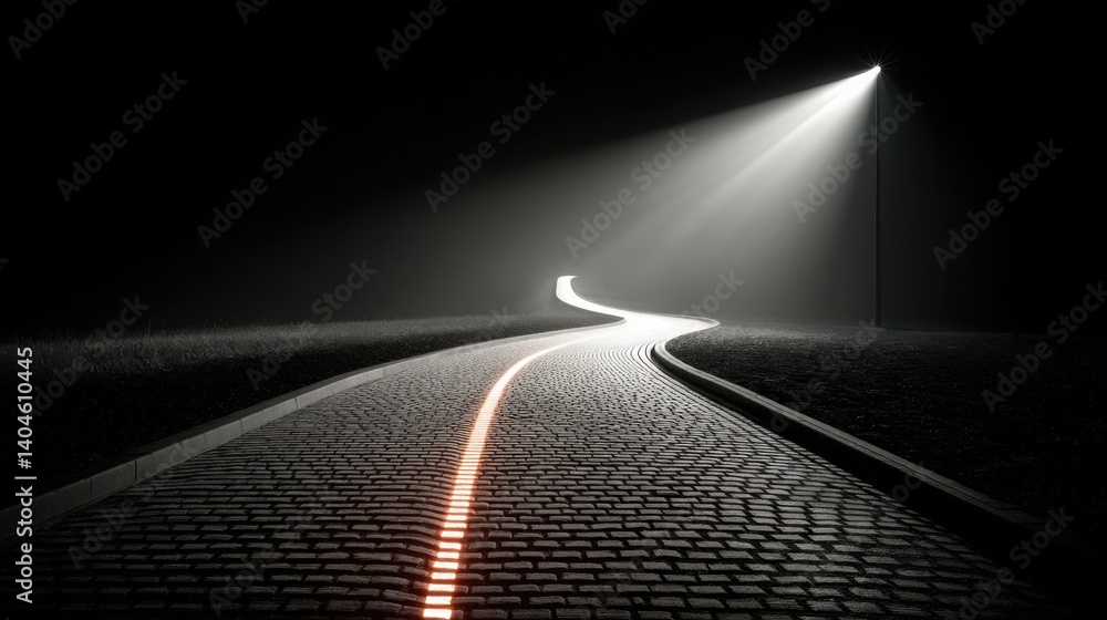 Poster pathway made of light dots leading to an unknown destination creating a mysterious and enigmatic atm