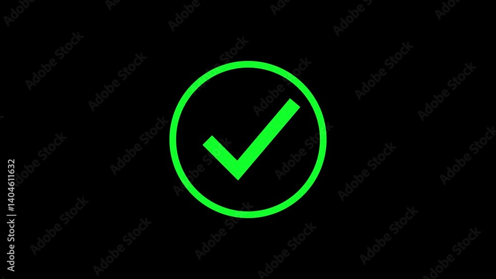 Poster green check mark animation on black background verification and approval concept
