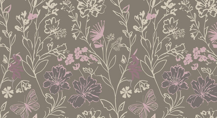Floral Symphony: A delicate tapestry of stylized flowers and butterflies dances across a textured, natural ground, evoking a sense of soft beauty.
