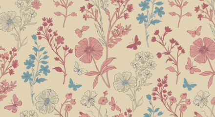 Floral Fantasy: A delicate, illustrated botanical design features an intricate pattern of blooming flowers and fluttering butterflies, exuding a sense of spring and serenity.