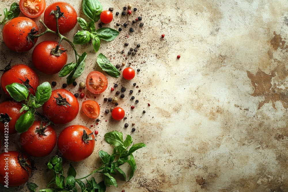 Poster fresh vine-ripened tomatoes with basil and spices arranged on a rustic countertop